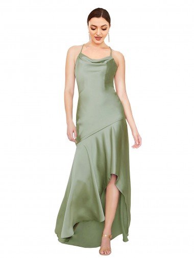 Open Back Silky Satin Cowl Neck Long Sleeveless High Low Evening Dress UK for Sale