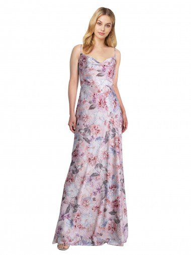 Stretch Satin & Floral Cowl Neck Long Sleeveless Formal Evening Dress UK for Sale