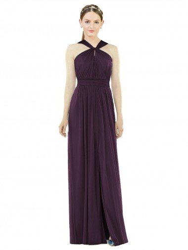 V-Back Soft Chiffon Halter Neck Long Sleeveless Semi Formal Evening Dress UK for Sale