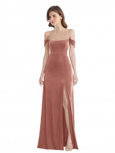 Cinnamon Rose Stretch Velvet Off the Shoulder Long Sleeveless Semi Formal Evening Dress UK for Sale
