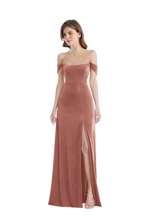 Cinnamon Rose Stretch Velvet Off the Shoulder Long Sleeveless Semi Formal Evening Dress UK for Sale