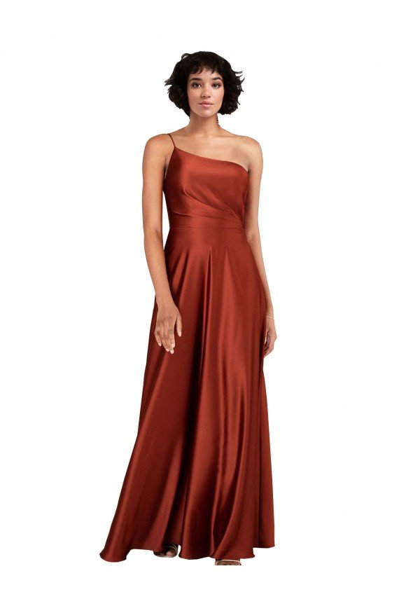 Burnt Orange Silky Satin One Shoulder Long Sleeveless Black Tie Evening Dress UK for Sale