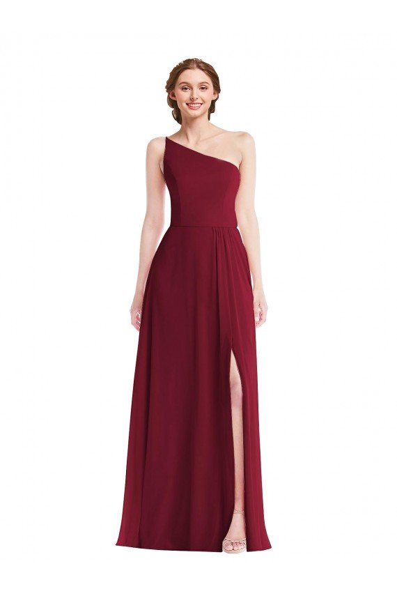 Burgundy Soft Chiffon One Shoulder Long Sleeveless Semi Formal Evening Dress UK for Sale