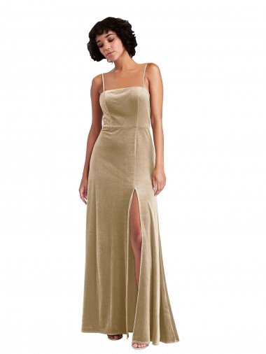 Low Back Champagne Stretch Velvet Square Neck Long Sleeveless Formal Evening Dress UK for Sale