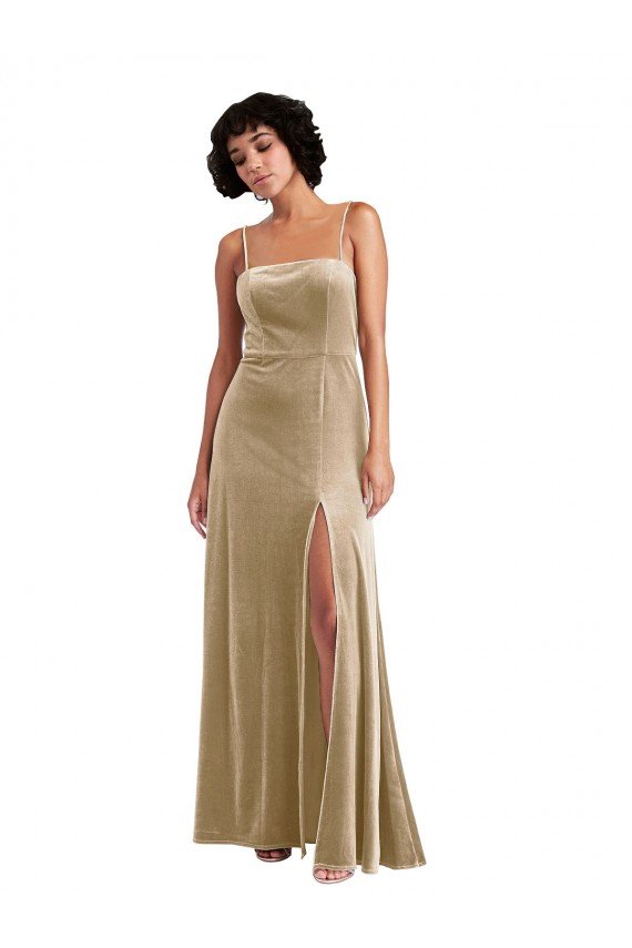 Low Back Champagne Stretch Velvet Square Neck Long Sleeveless Formal Evening Dress UK for Sale