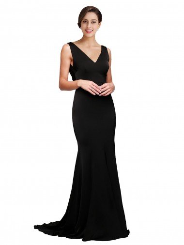 Low Back Silky Satin V-Neck Sweep Train Sleeveless Formal Evening Dress UK for Sale