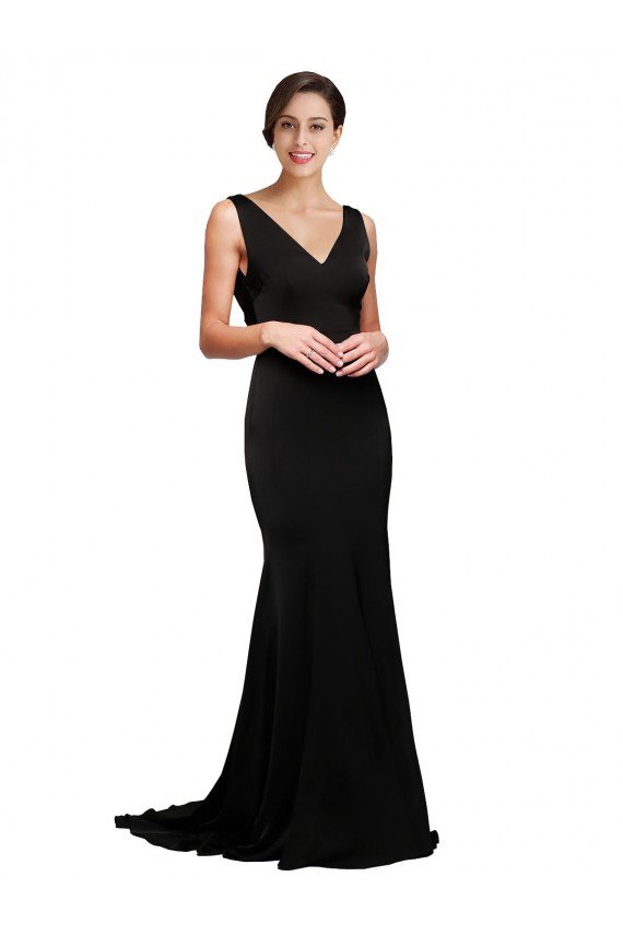 Low Back Silky Satin V-Neck Sweep Train Sleeveless Formal Evening Dress UK for Sale