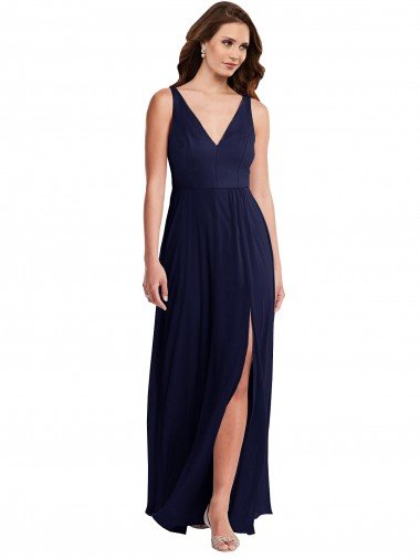 V-Back Dark Navy Soft Chiffon V-Neck Long Sleeveless Black Tie Evening Dress UK for Sale