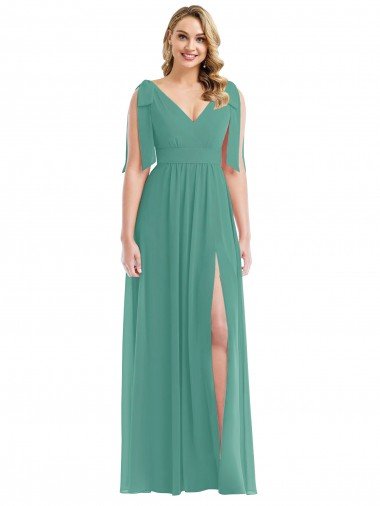 V-Back Icelandic Silver Soft Chiffon V-Neck Long Sleeveless Semi Formal Evening Dress UK for Sale