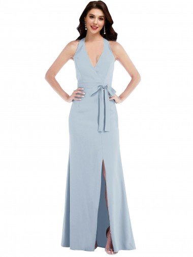 Open Back A-Line Stretch Crepe Halter Neck Long Sleeveless Formal Evening Dress UK for Sale