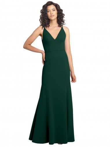 V-Back Midnight Green Stretch Crepe V-Neck Long Sleeveless Evening Dress UK for Sale