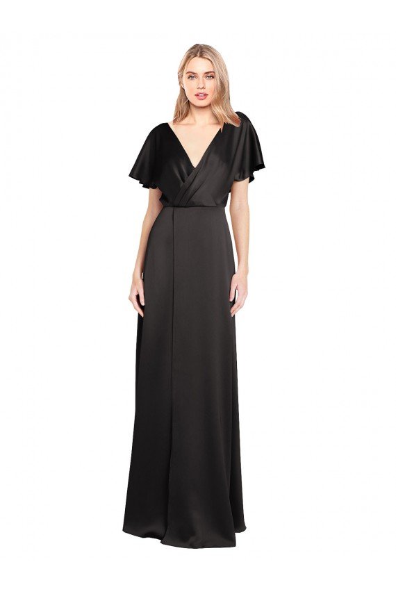 Open Back Stretch Satin V-Neck Long Cap Sleeves Evening Dress UK for Sale