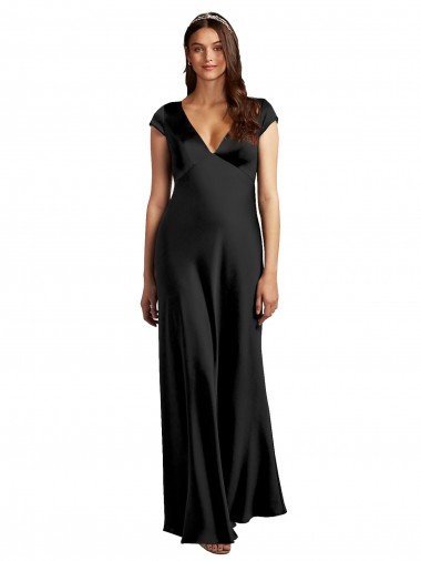 Keyhole Back Stretch Satin V-Neck Long Cap Sleeves Formal Evening Dress UK for Sale
