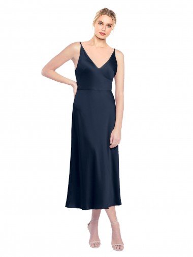 V-Back Stretch Satin V-Neck Midi Length Sleeveless Formal Evening Dress UK for Sale