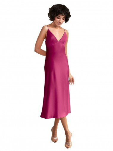 Low Back Stretch Satin V-Neck Midi Length Sleeveless Formal Evening Dress UK for Sale