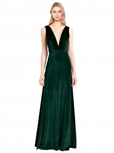V-Back Stretch Velvet V-Neck Long Sleeveless Evening Dress UK for Sale