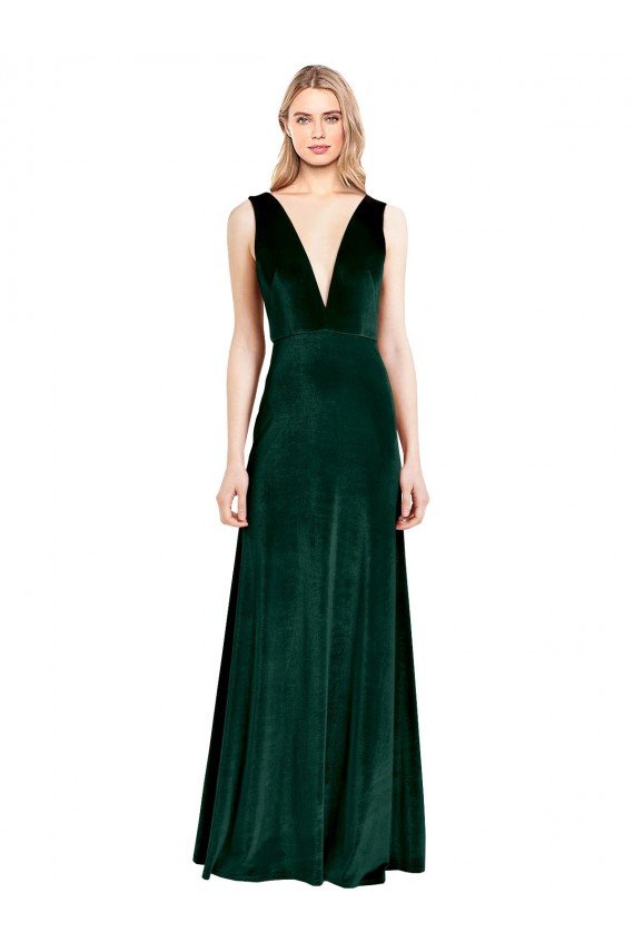 V-Back Stretch Velvet V-Neck Long Sleeveless Evening Dress UK for Sale