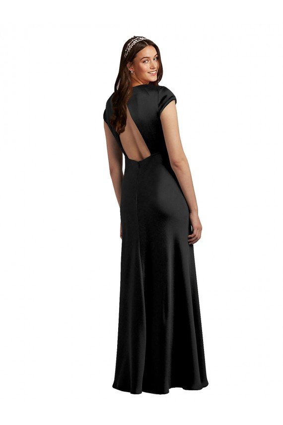 Keyhole Back Stretch Satin V-Neck Long Cap Sleeves Formal Evening Dress UK for Sale