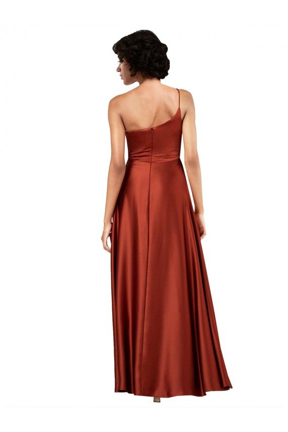 Burnt Orange Silky Satin One Shoulder Long Sleeveless Black Tie Evening Dress UK for Sale