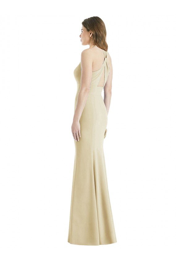 Open Back Champagne Stretch Crepe Bateau Neck Long Sleeveless Semi Formal Evening Dress UK for Sale