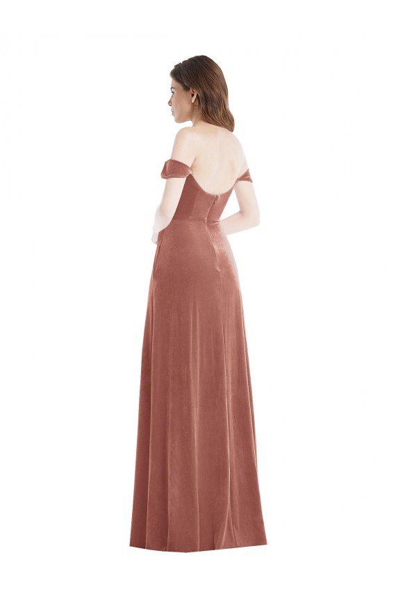 Cinnamon Rose Stretch Velvet Off the Shoulder Long Sleeveless Semi Formal Evening Dress UK for Sale