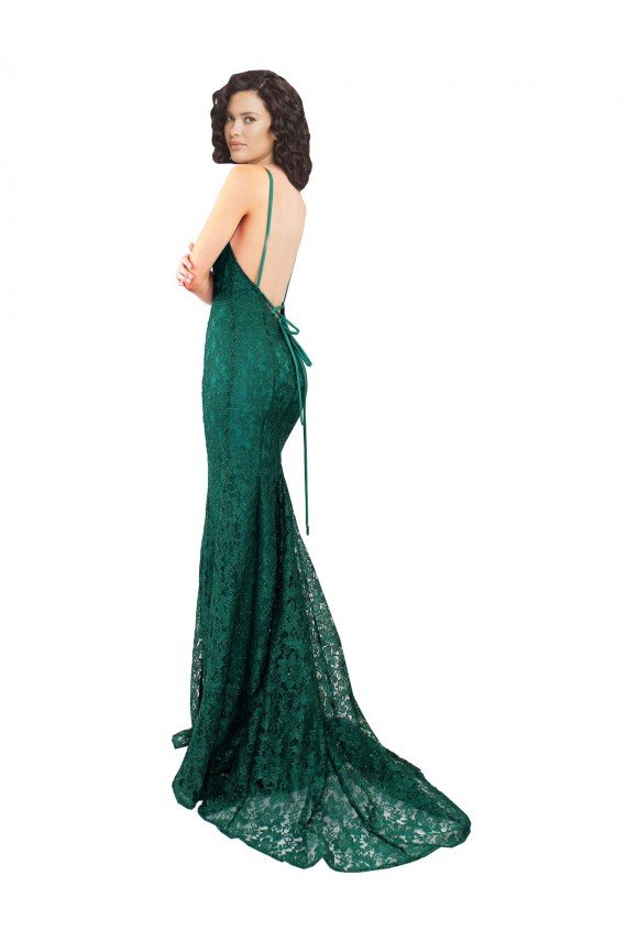 Open Back Lace V-Neck Long Sleeveless Black Tie Evening Dress UK for Sale