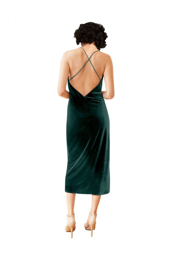 Open Back Stretch Velvet Spaghetti Straps Midi Length Sleeveless Evening Dress UK for Sale