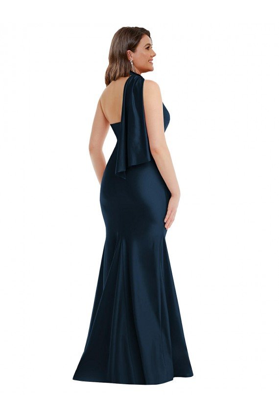 Dark Navy Silky Satin One Shoulder Long Sleeveless Plus Size Formal Evening Dress UK for Sale