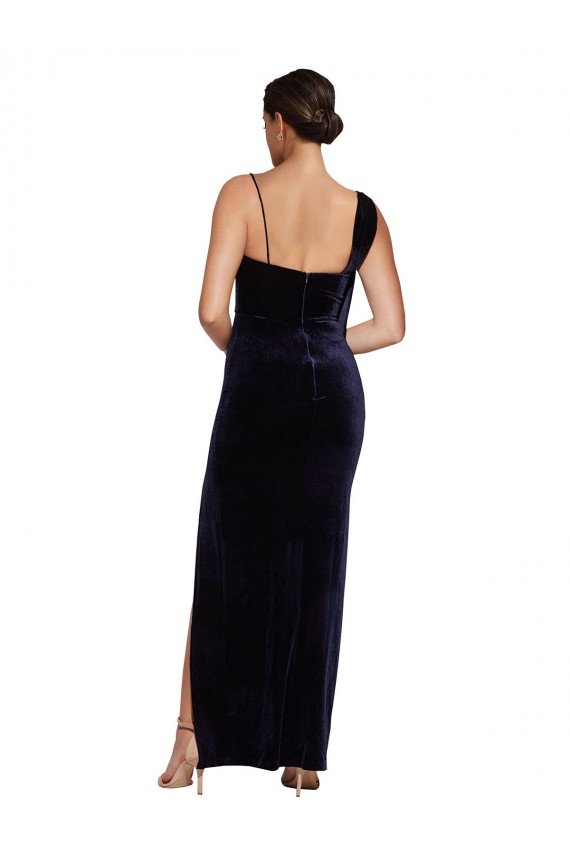 Low Back Dark Navy Stretch Velvet Spaghetti Straps Long Sleeveless Formal Evening Dress UK for Sale