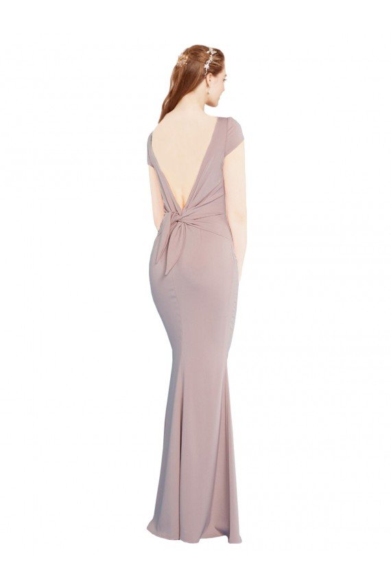 Tie Back Stretch Crepe Boat Neck Long Cap Sleeves Formal Evening Dress UK for Sale