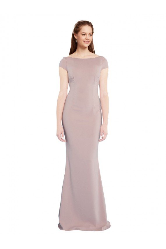 Tie Back Stretch Crepe Boat Neck Long Cap Sleeves Formal Evening Dress UK for Sale