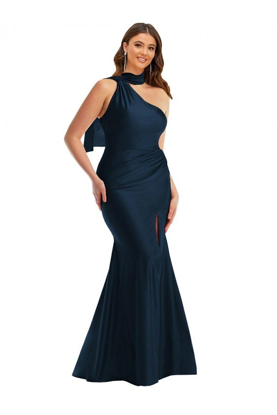 Dark Navy Silky Satin One Shoulder Long Sleeveless Plus Size Formal Evening Dress UK for Sale