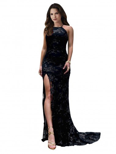 Open Back Lace High Neck Long Sleeveless Black Tie Evening Dress UK for Sale