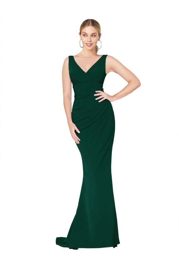 Midnight Green Stretch Crepe V-Neck Long Sleeveless Formal Evening Dress UK for Sale