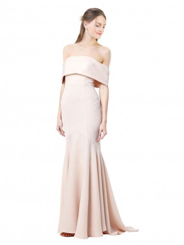 Nude Stretch Crepe Off the Shoulder Long Sleeveless Formal Evening Dress UK for Sale