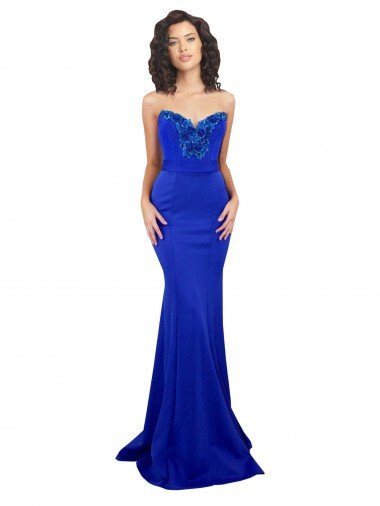 Low Back Royal Blue Stretch Crepe Sweetheart Long Sleeveless Formal Evening Dress UK for Sale