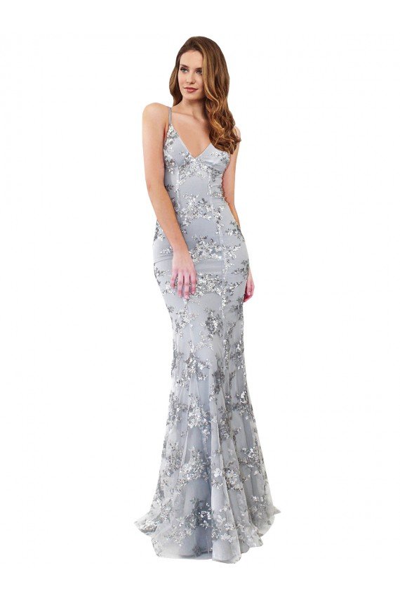 Open Back Silver Stretch Crepe & Sequin Tulle V-Neck Long Sleeveless Formal Evening Dress UK for Sale