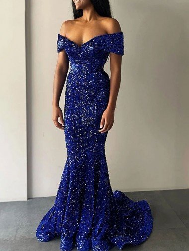 Velvet Sequin Off the Shoulder Sweep Train Sleeveless Evening Dresses UK for Sale
