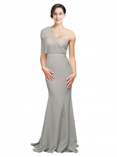 Low Back Stretch Crepe & Tulle One Shoulder Sweep Train Sleeveless Formal Evening Dress UK for Sale