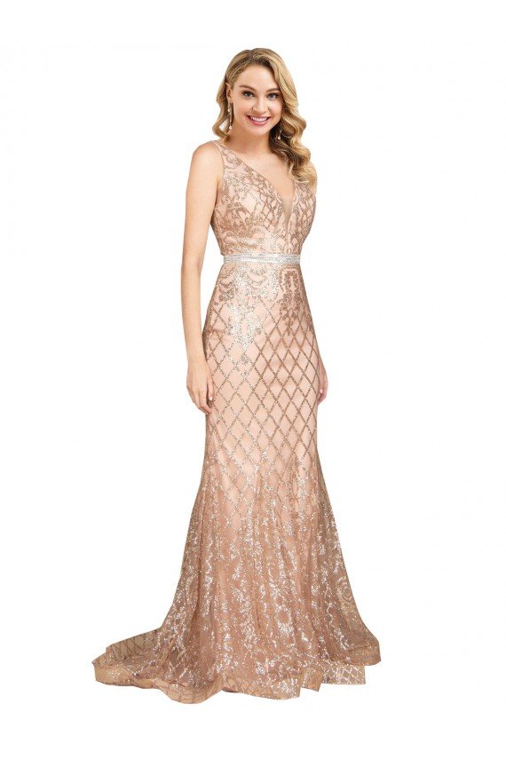 V-Back Sparkling Sequin V-Neck Long Sleeveless Plus Size Formal Evening Dress UK for Sale