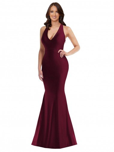 Open Back Silky Satin V-Neck Long Sleeveless Plus Size Formal Evening Dress UK for Sale
