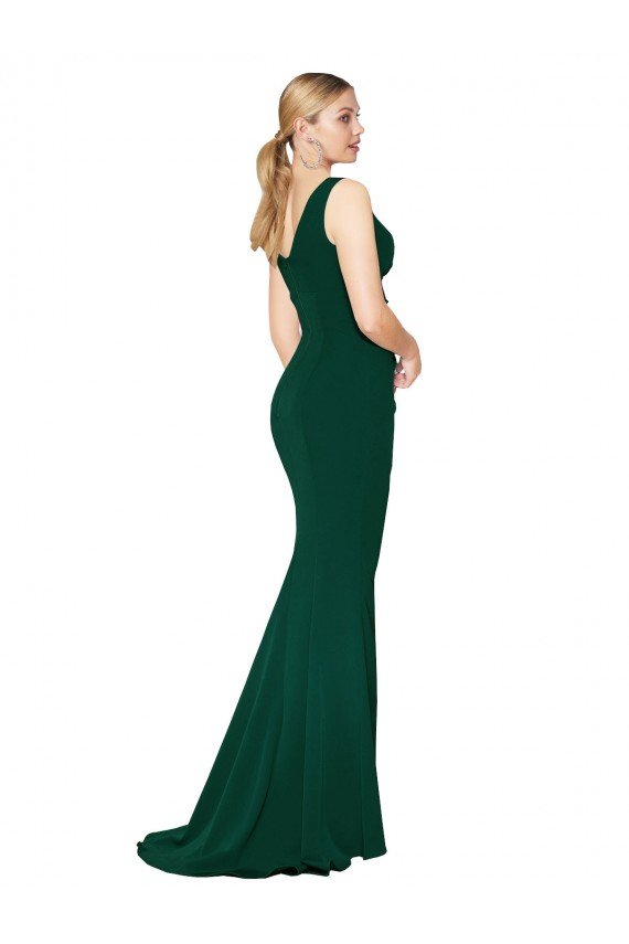 Midnight Green Stretch Crepe V-Neck Long Sleeveless Formal Evening Dress UK for Sale