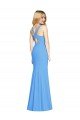 Keyhole Back Peacock Blue Stretch Crepe V-Neck Long Sleeveless Semi Formal Evening Dress UK for Sale