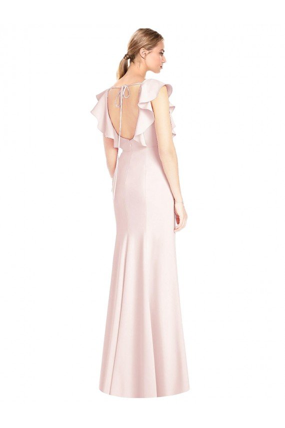 Open Back Pink Stretch Crepe Bateau Neck Long Cap Sleeves Evening Dress UK for Sale