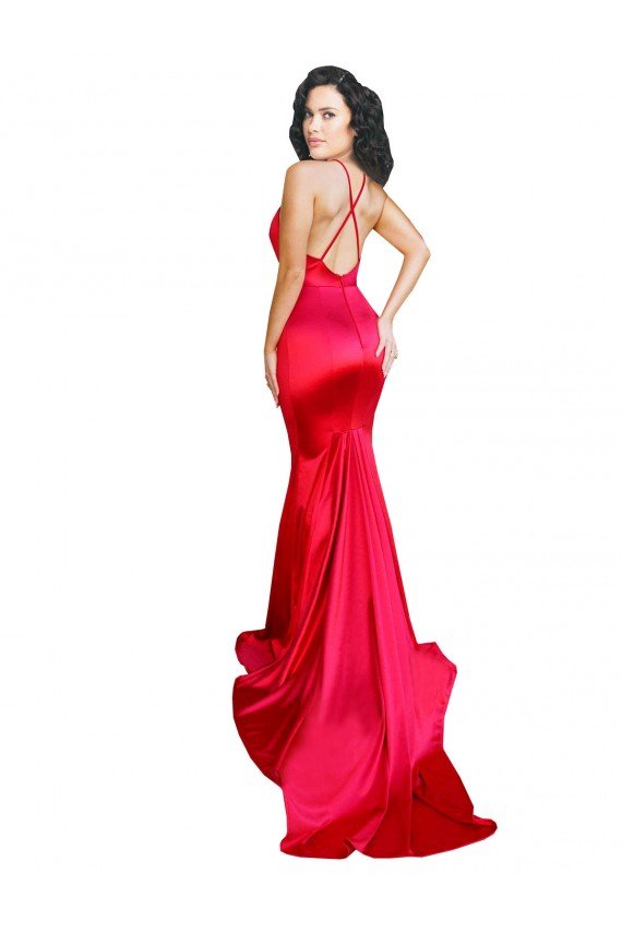 Low Back Red Stretch Satin Sweetheart Long Sleeveless Formal Evening Dress UK for Sale