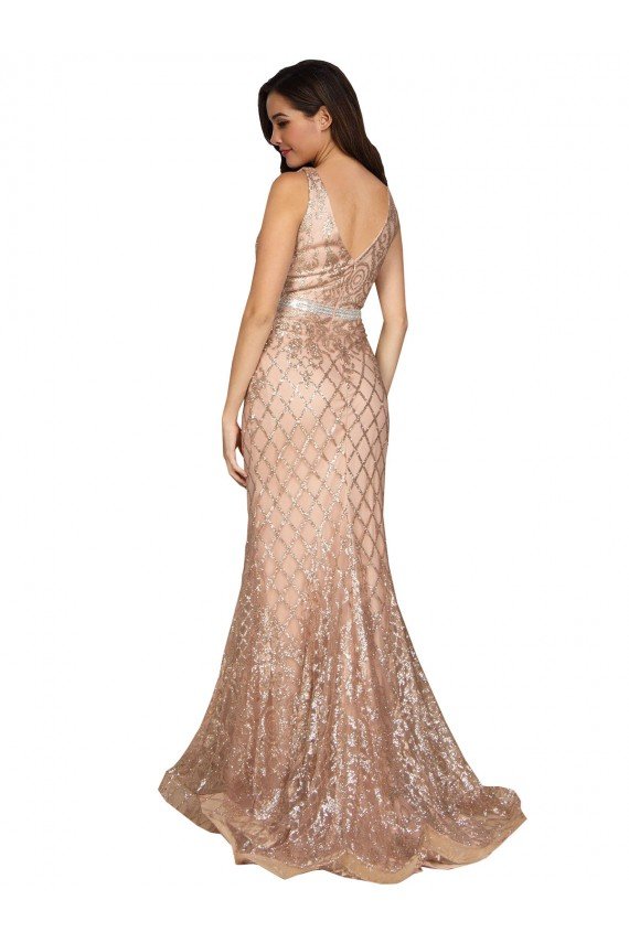 V-Back Sparkling Sequin V-Neck Long Sleeveless Plus Size Formal Evening Dress UK for Sale