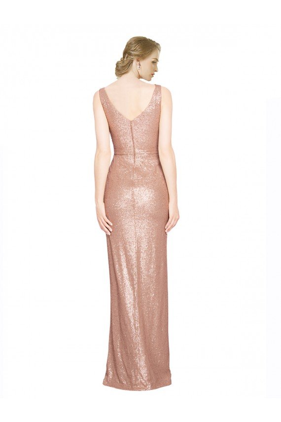Rose Gold Sequin V-Neck Long Sleeveless Evening Dress UK for Sale