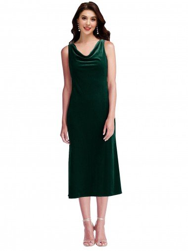V-Back Stretch Velvet Cowl Neck Midi Length Sleeveless Evening Dress UK for Sale