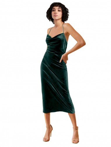 Open Back Stretch Velvet Spaghetti Straps Midi Length Sleeveless Evening Dress UK for Sale