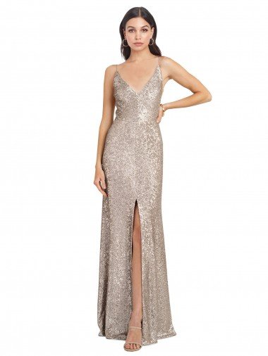 V-Back Sheath Sparkling Sequin V-Neck Long Sleeveless Formal Evening Dress UK for Sale